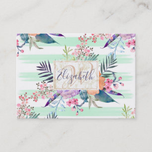Carte De Visite Aquarelle Boho floral, feuille, rayures peinture 