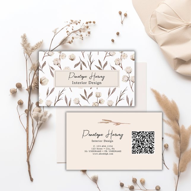 Carte De Visite Aquarelle Botanique Floral Vert QR Code rose (Créateur téléchargé)