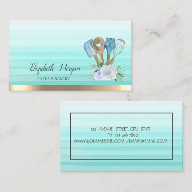 Carte De Visite Aquarelle Boulangerie Outils à main Fleurs (Devant / Derrière)