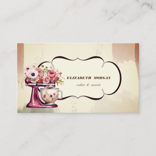 Carte De Visite Aquarelle Boulangerie Pâtisserie Floral Rouge Rétr (Devant)