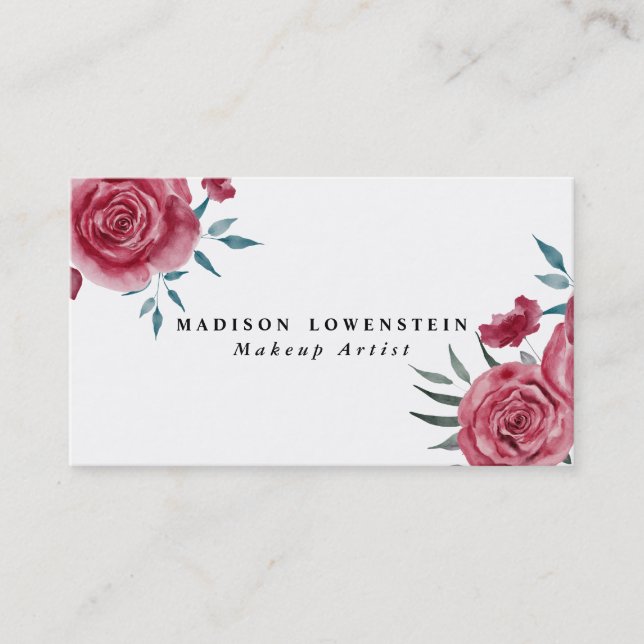 Carte De Visite Aquarelle Bourgogne Rouge Roses Florales (Devant)