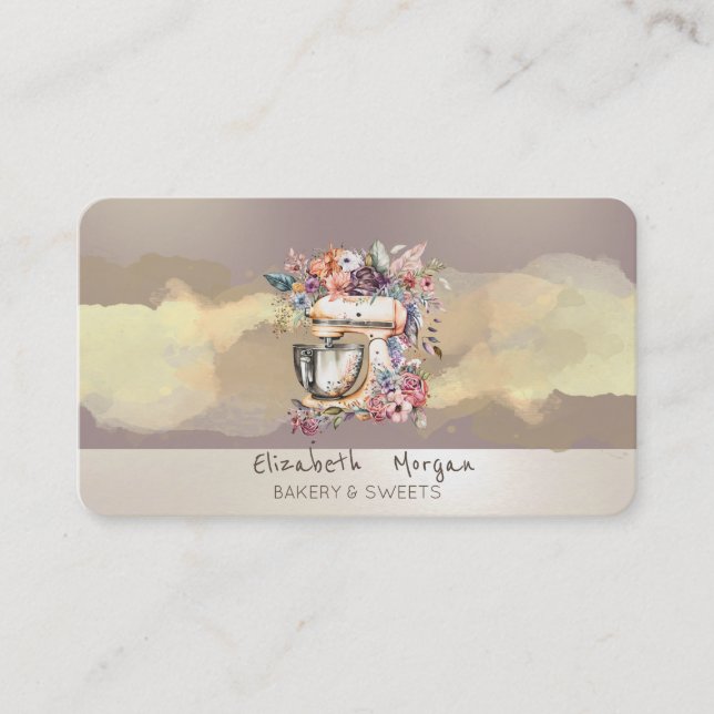 Carte De Visite Aquarelle brosse strate floral mélangeur de gâteau (Devant)