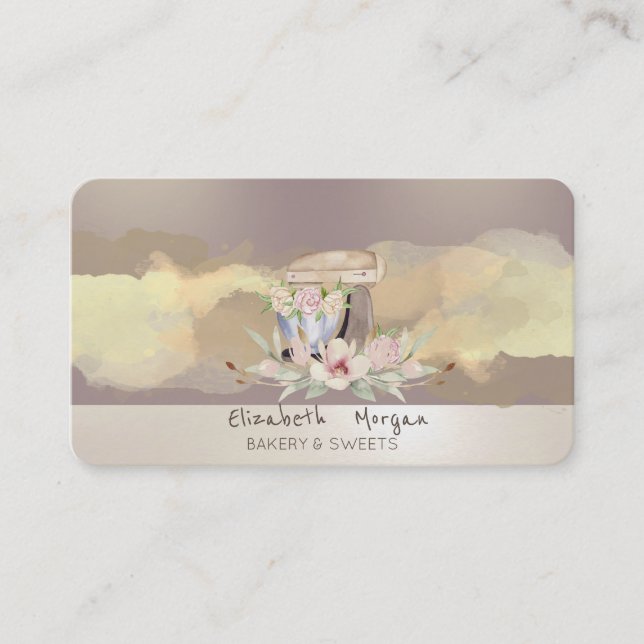 Carte De Visite Aquarelle Brush Fleurs Fleurs Rétro Cake Mixer (Devant)
