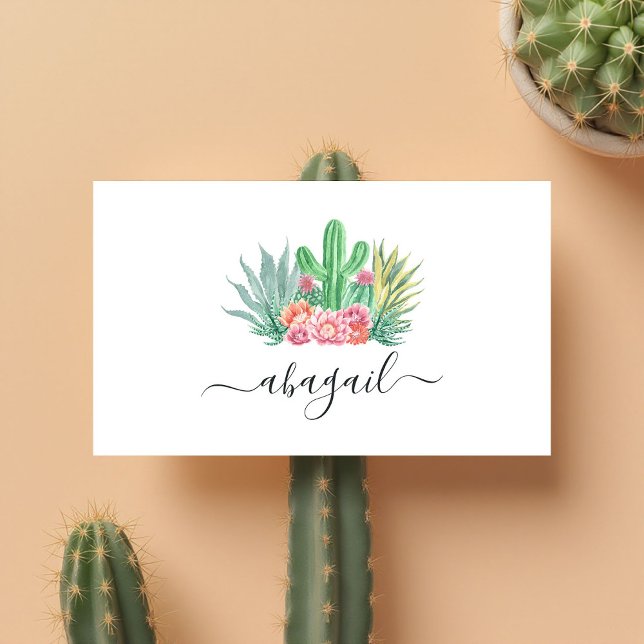Carte De Visite Aquarelle Cactus et rose Floral Élégant (Watercolor Cactus and Pink Floral Elegant Business Card)