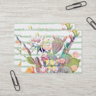 Carte De Visite Aquarelle Cactus Floral Stripes Design