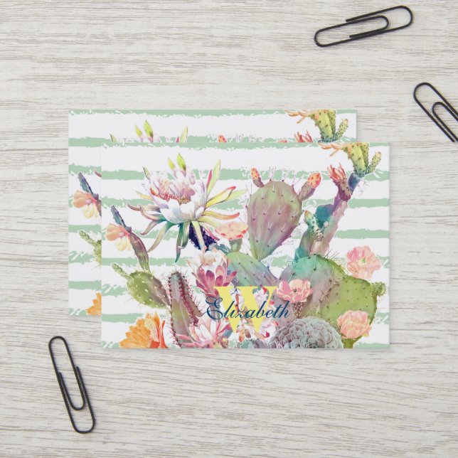 Carte De Visite Aquarelle Cactus Floral Stripes Design (Devant/Arrière en situation)