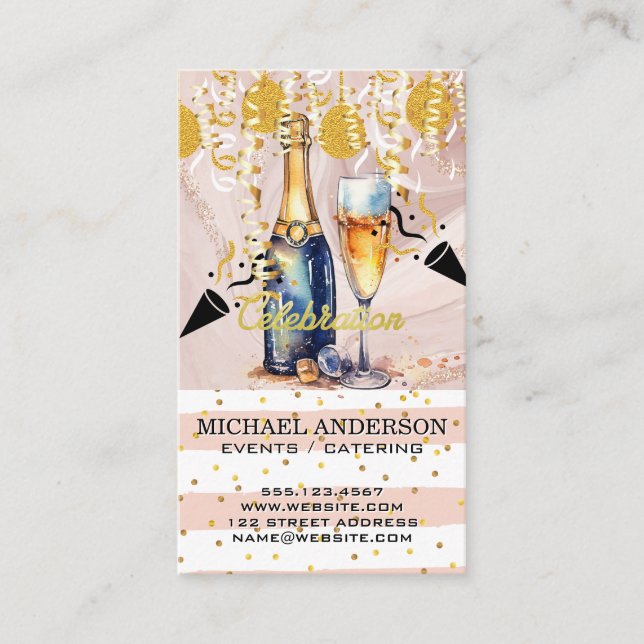 Carte De Visite Aquarelle Champagne / Confetti et Ballons (Devant)