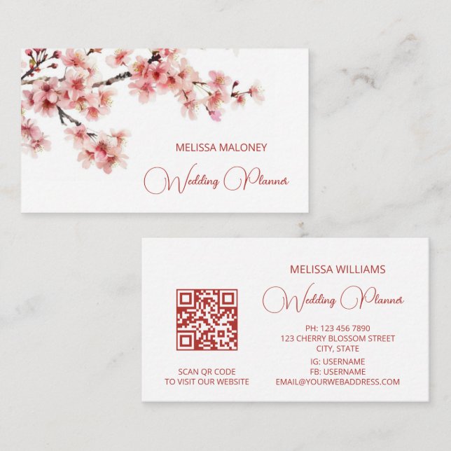 Carte De Visite Aquarelle Cherry Blossom rose (Devant / Derrière)