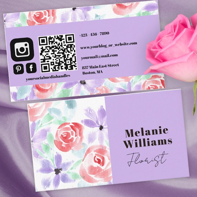 Carte De Visite Aquarelle Chic Classique Pink Purple Blooms Floris (Créateur téléchargé)