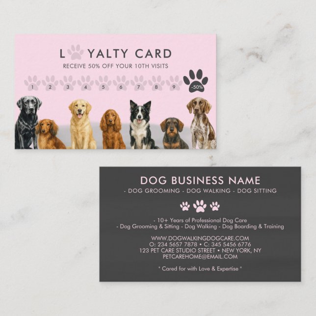Carte De Visite Aquarelle Chien se reproduit Animal Grooming rose  (Devant / Derrière)