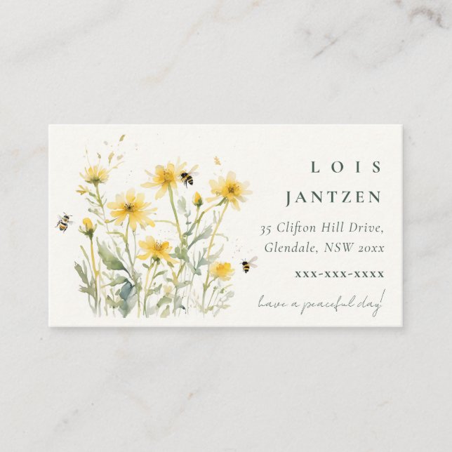 Carte De Visite Aquarelle d'abeille Fleur sauvage jaune sauvage (Devant)