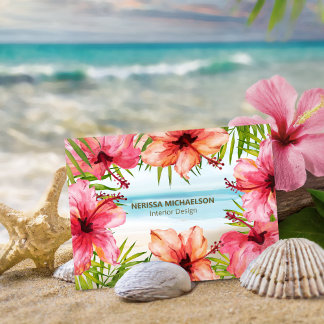 Carte De Visite Aquarelle de plage tropicale Hibiscus Fleur & Palm