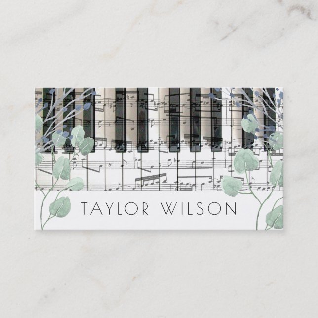 Carte De Visite aquarelle déco feuillage pianiste professeur de mu (Devant)