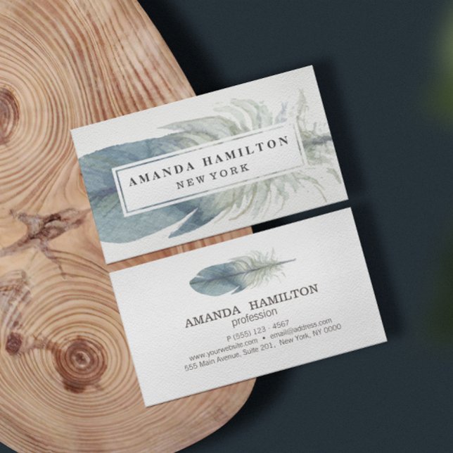 Carte De Visite Aquarelle dessinée à la main bleu plume boho (Créateur téléchargé)