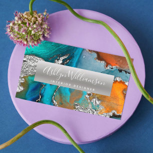 Carte De Visite Aquarelle en marbre moderne argent turquoise scrip