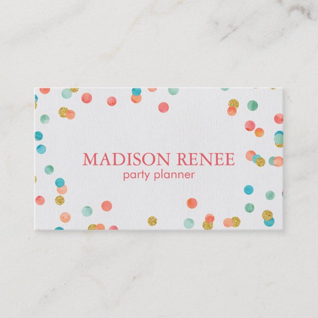 Carte De Visite Aquarelle et Gold Confetti Party Planner (Devant)