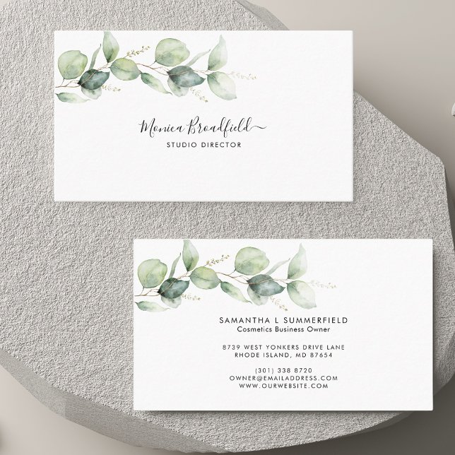 Carte De Visite Aquarelle Eucalyptus Foliage Élégant Script (Watercolor Eucalyptus Foliage Elegant Script Business Card)