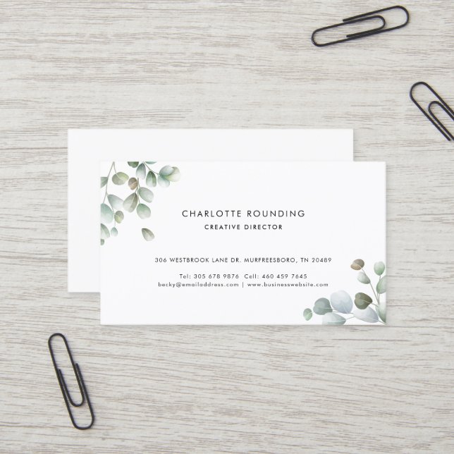 Carte De Visite Aquarelle Eucalyptus moderne (Devant/Arrière en situation)