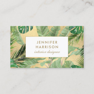 Carte De Visite Aquarelle Feuille Tropical Motif sur Faux Gold