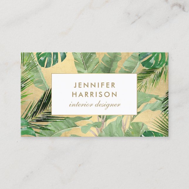 Carte De Visite Aquarelle Feuille Tropical Motif sur Faux Gold (Devant)