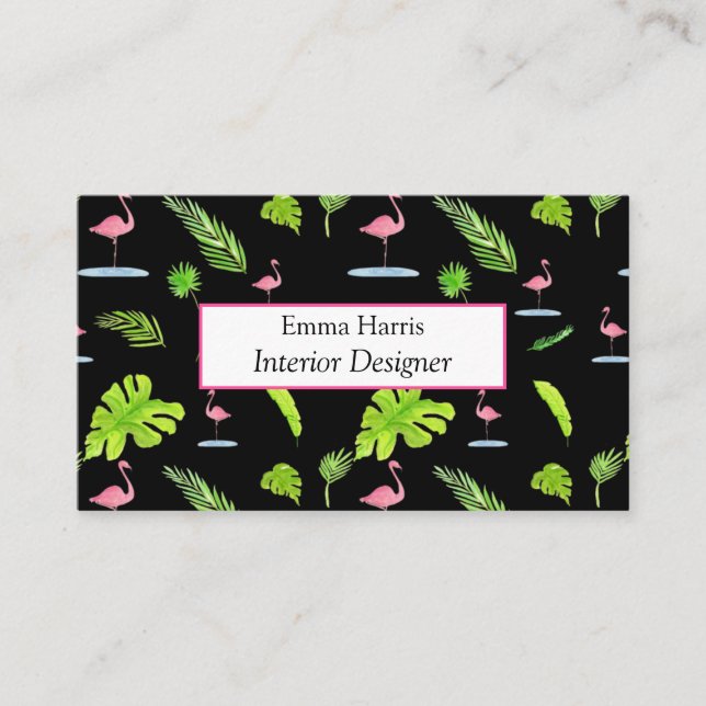 Carte De Visite Aquarelle Feuilles et Flamants roses tropicaux (Devant)