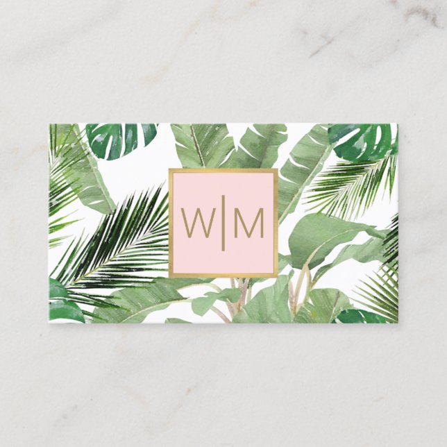 Carte De Visite Aquarelle Feuilles tropicaux Monogramme blanc/rose (Devant)