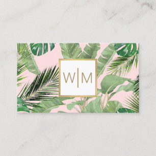 Carte De Visite Aquarelle Feuilles tropicaux Monogramme rose/blanc