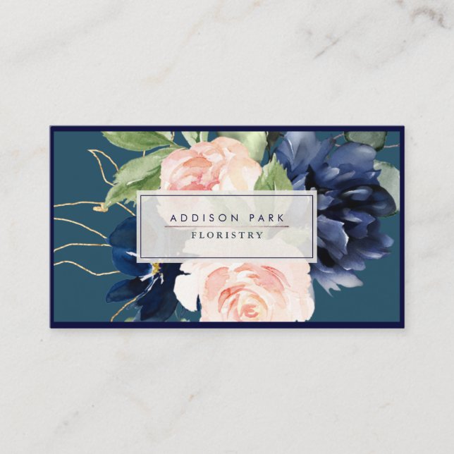 Carte De Visite Aquarelle Fleurs Dusty Marine Bleu do-it-yourself  (Devant)