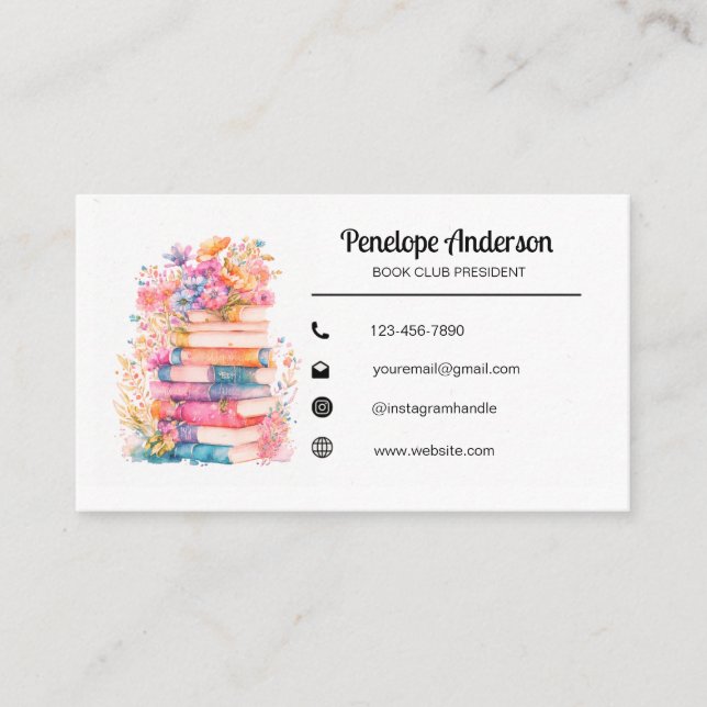 Carte De Visite Aquarelle Floral Bookish (Devant)