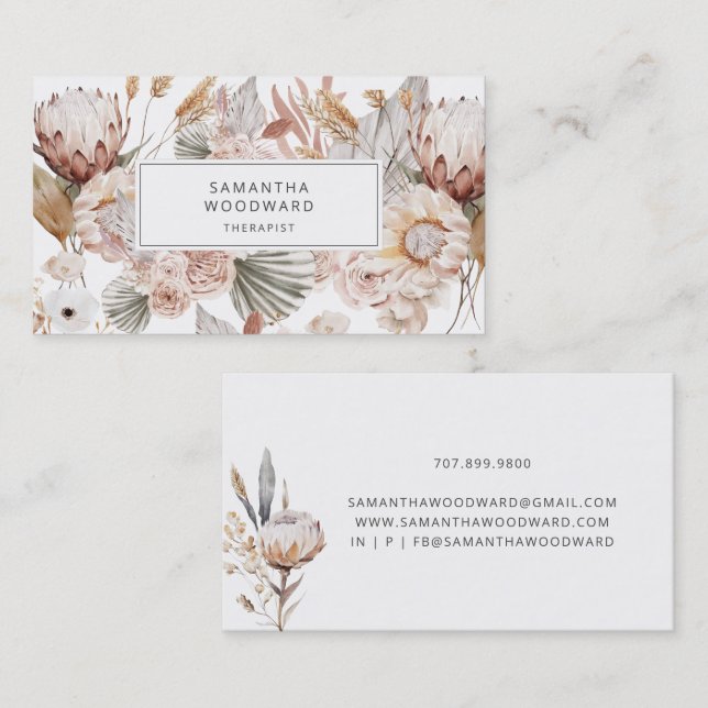 Carte De Visite Aquarelle Florale Crème Terracotta Therapist (Devant / Derrière)