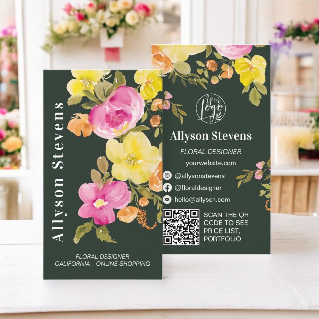 Carte De Visite Aquarelle florale moderne vert profond logo qr cod (Modern floral watercolor deep green logo qr code business card)