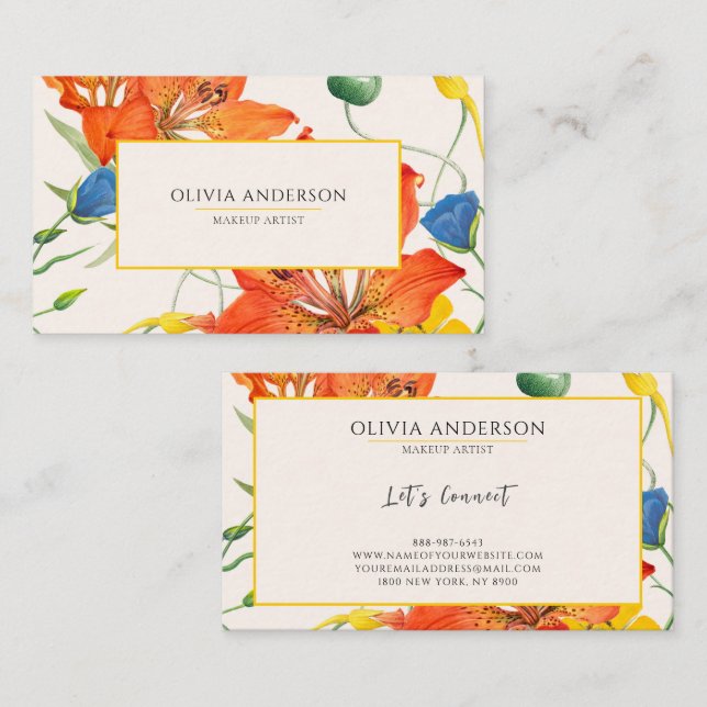 Carte De Visite Aquarelle Florale Orange Jaune Moderne Boho Chic (Devant / Derrière)