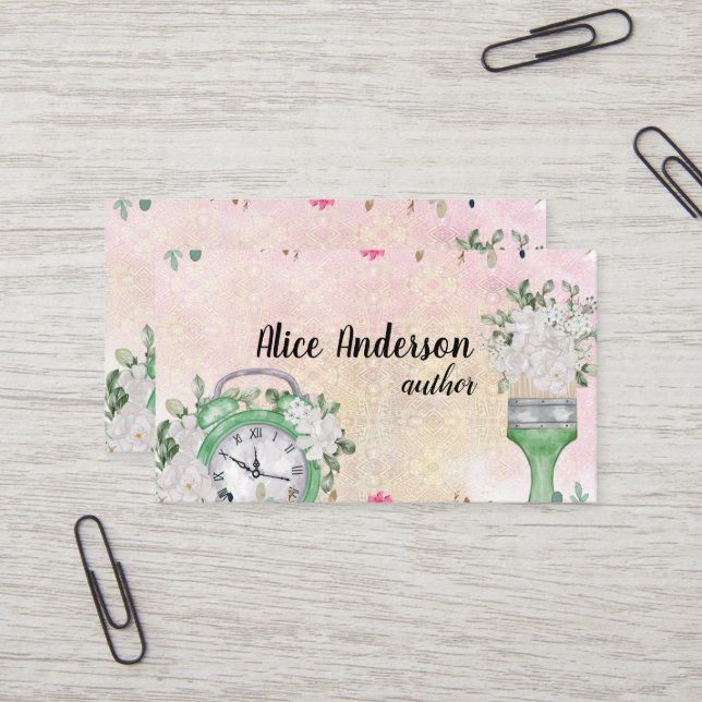 Carte De Visite aquarelle florale rose pastel script délicat (Devant/Arrière en situation)