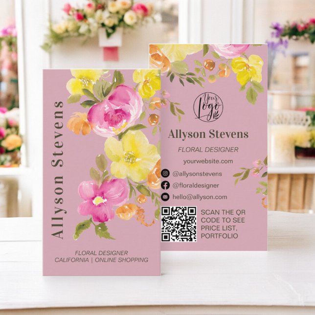 Carte De Visite Aquarelle florale tendance dusty rose logo qr code (Trendy floral watercolor dusty rose logo qr code business card)