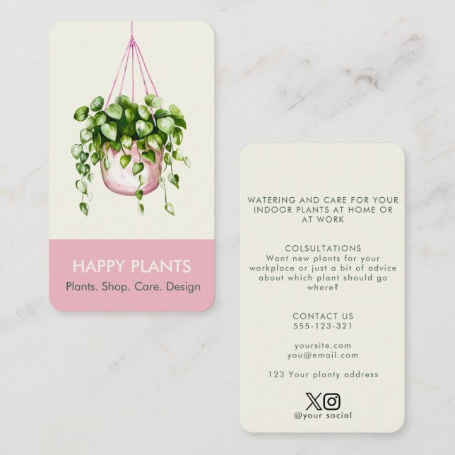 Carte De Visite Aquarelle Hanging Plante rose et crème (Devant / Derrière)