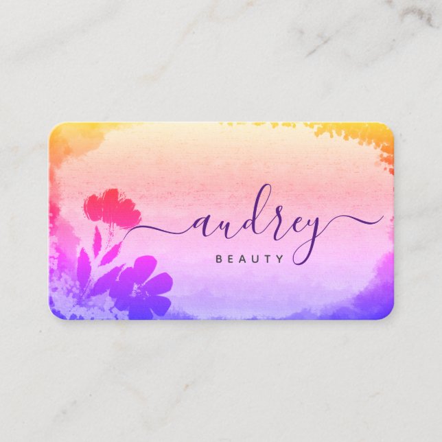 Carte De Visite Aquarelle Holgraphie rose et violet Floral (Devant)