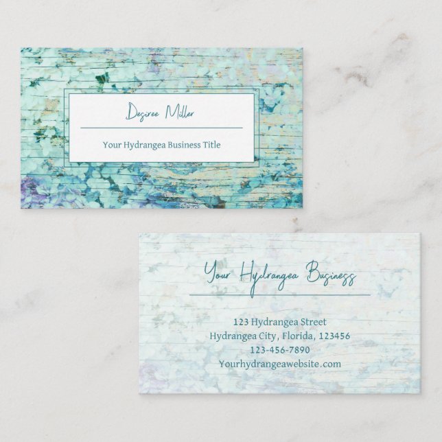 Carte De Visite Aquarelle Hydrangea Floral Turquoise Pays Bois (Devant / Derrière)