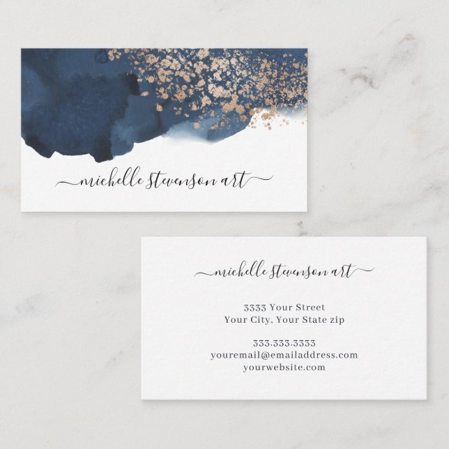 Carte De Visite Aquarelle Indigo bleu et or Abstrait Script Bu (Devant / Derrière)