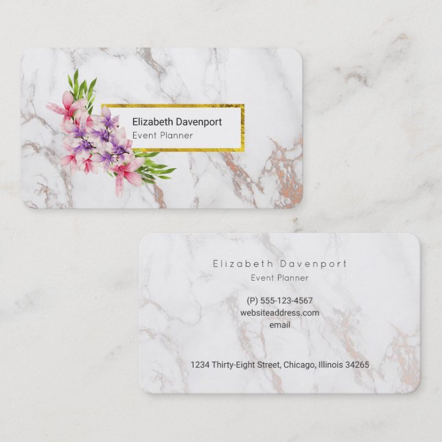 Carte De Visite Aquarelle Magnolias, Faux Marble Texture moderne (Devant / Derrière)