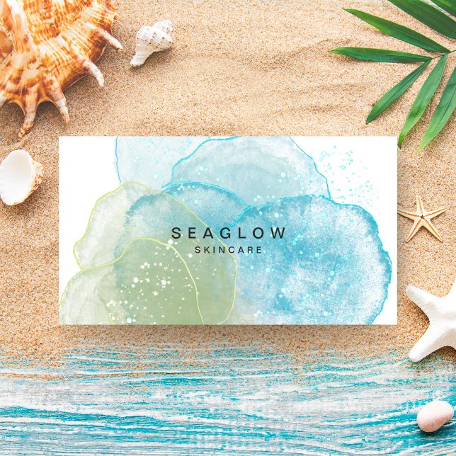 Carte De Visite Aquarelle Mer Abstraite Bleu Côte verte (Créateur téléchargé)