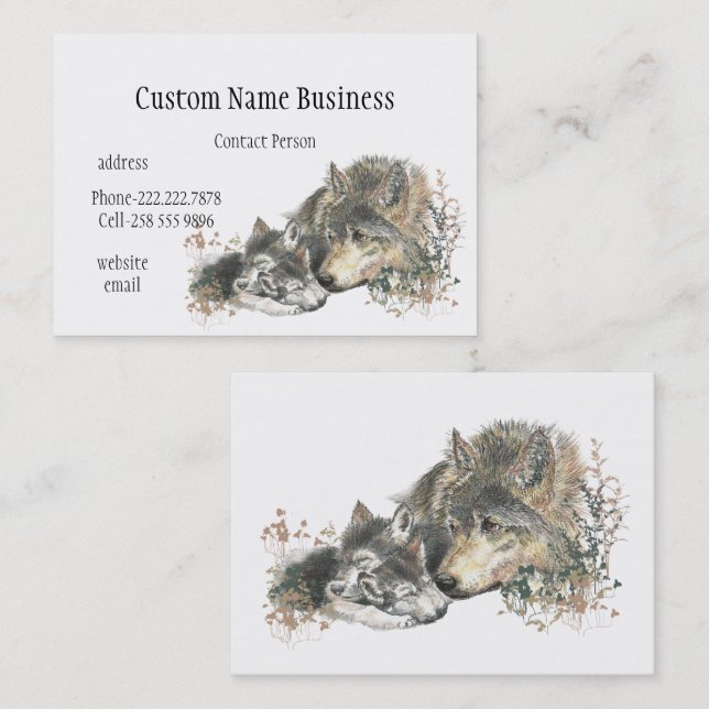 Carte De Visite Aquarelle Mère ou Père Wolf avec petits (Devant / Derrière)