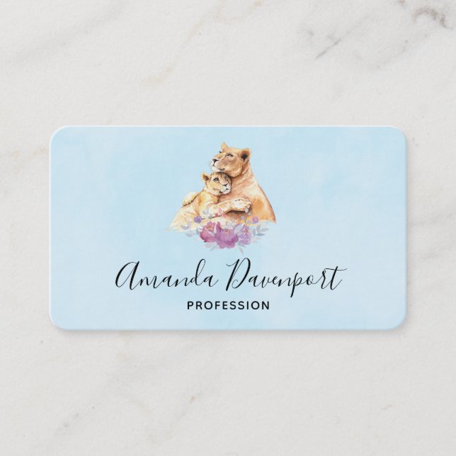 Carte De Visite Aquarelle mignonne Mère Lion & Cub (Devant)