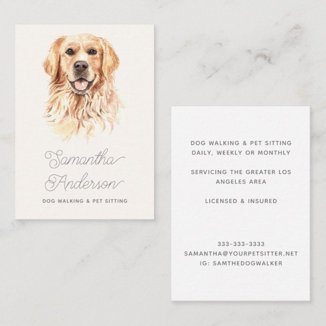 Carte De Visite Aquarelle mignonne Retriever Animaux de compagnie  (Devant / Derrière)