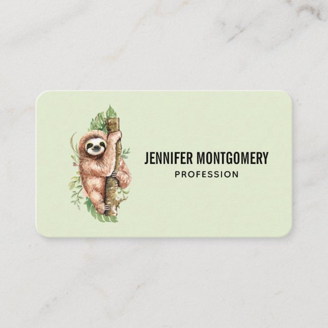 Carte De Visite Aquarelle mignonne Sloth & Feuilles tropicaux (Devant)