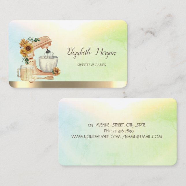 Carte De Visite Aquarelle Mixte Fleurs de soleil, Or, Vert (Devant / Derrière)
