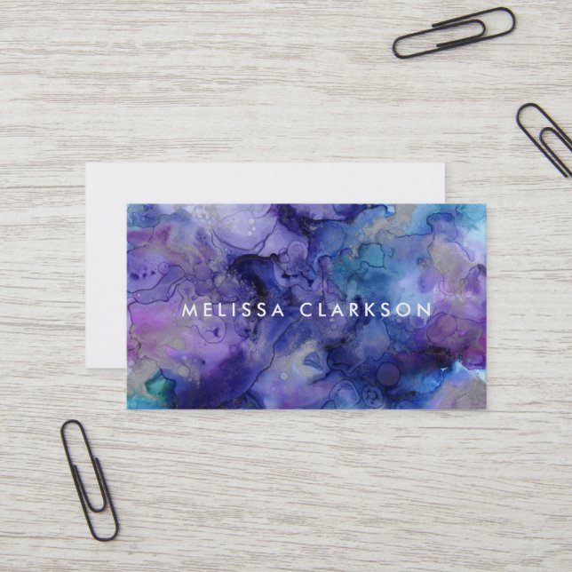 Carte De Visite Aquarelle moderne bleu pourpre éclaboussure (Devant/Arrière en situation)