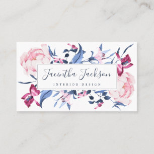 Carte De Visite Aquarelle moderne Floral Botanique Bleu rose Chic