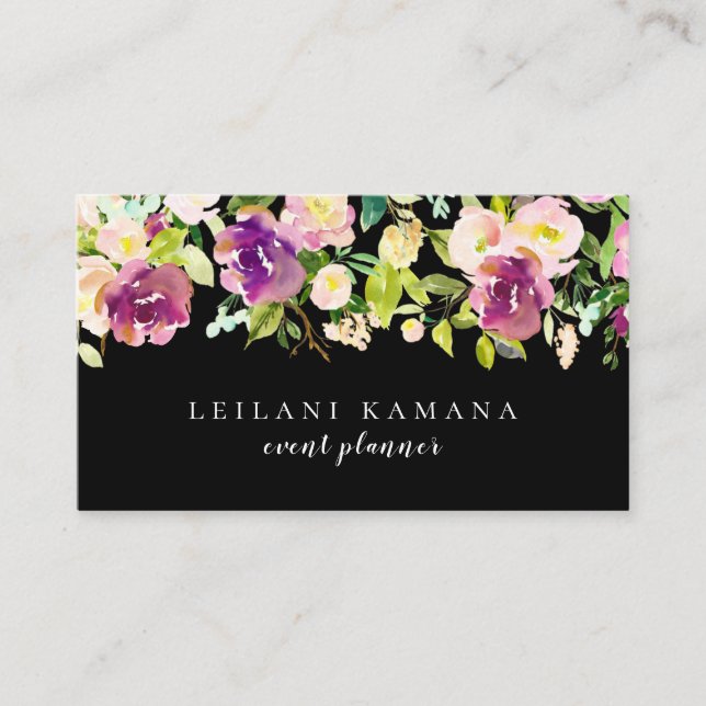 Carte De Visite Aquarelle moderne Floral Noir (Devant)