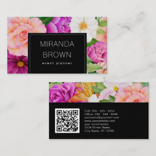 Carte De Visite Aquarelle moderne Floral violet rose noir QR Code