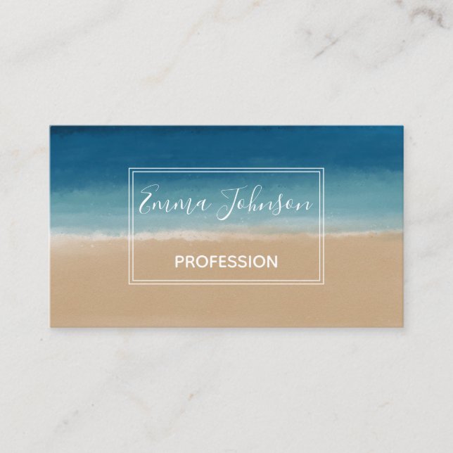 Carte De Visite Aquarelle moderne Gold Blue Beach (Devant)